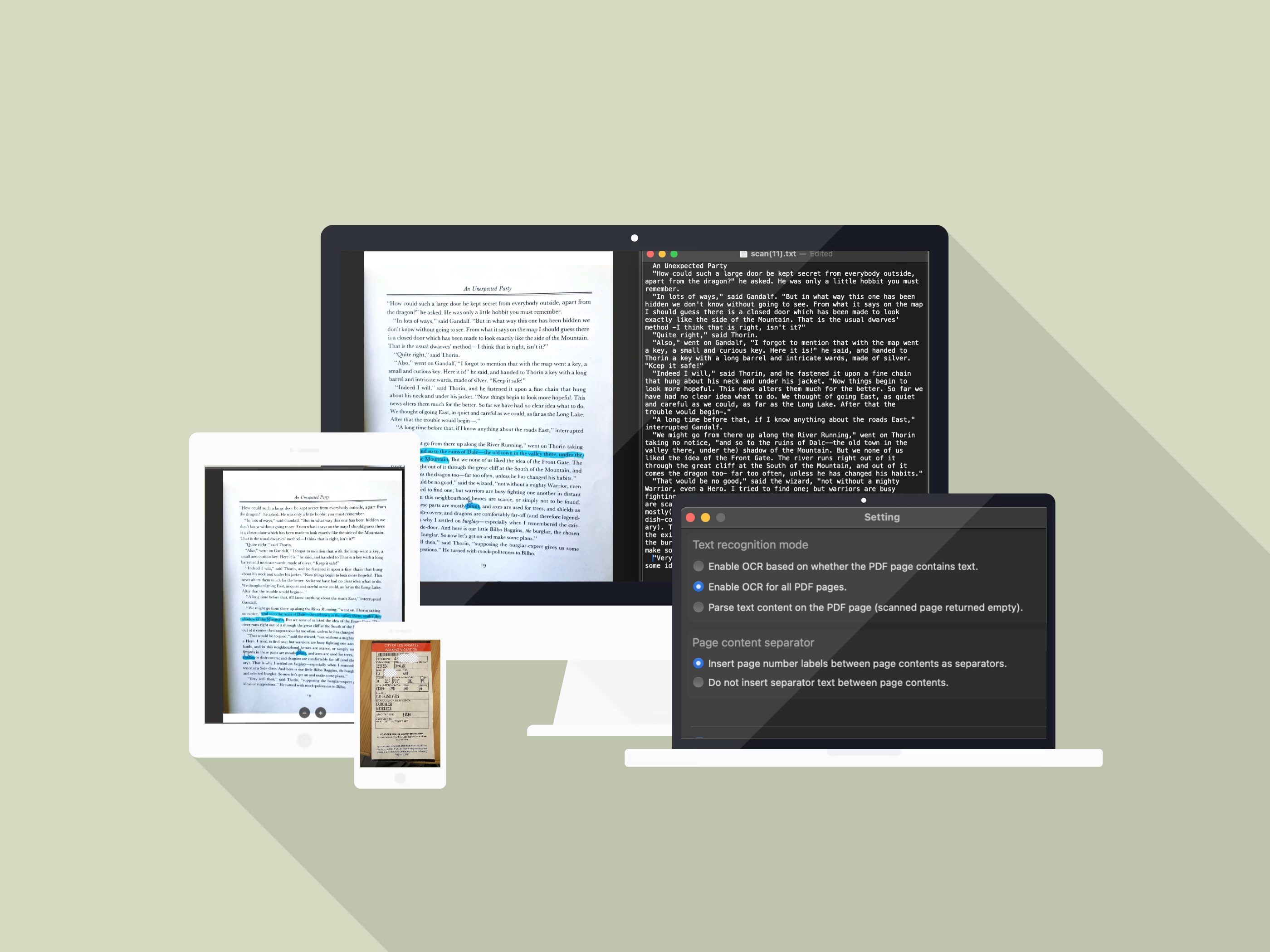 Built-in OCR extracts text from scanned PDFs