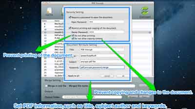 Screenshot of PDF Encrypt for Mac Expert: open password field and restriction checkboxes for printing and copying