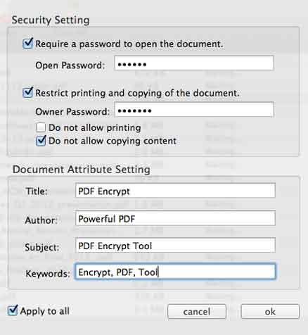 Step 2: set password, restrictions and metadata in the output options panel