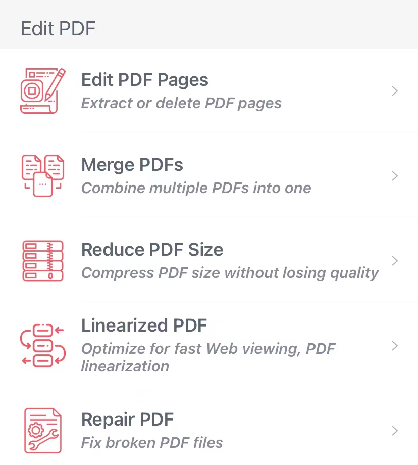 Screenshot of PDF Factory for iOS editing and merging PDF pages