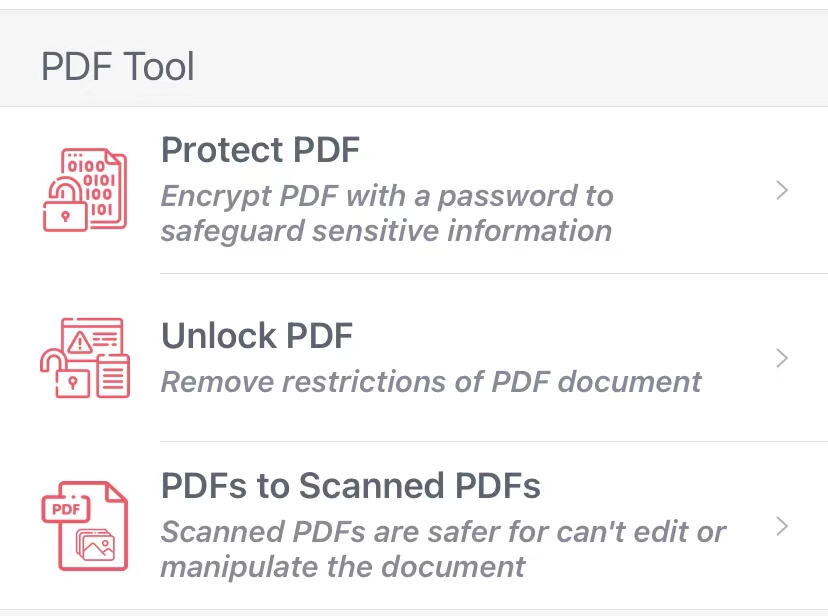 Screenshot of PDF Factory for iOS protecting, unlocking and flattening PDFs