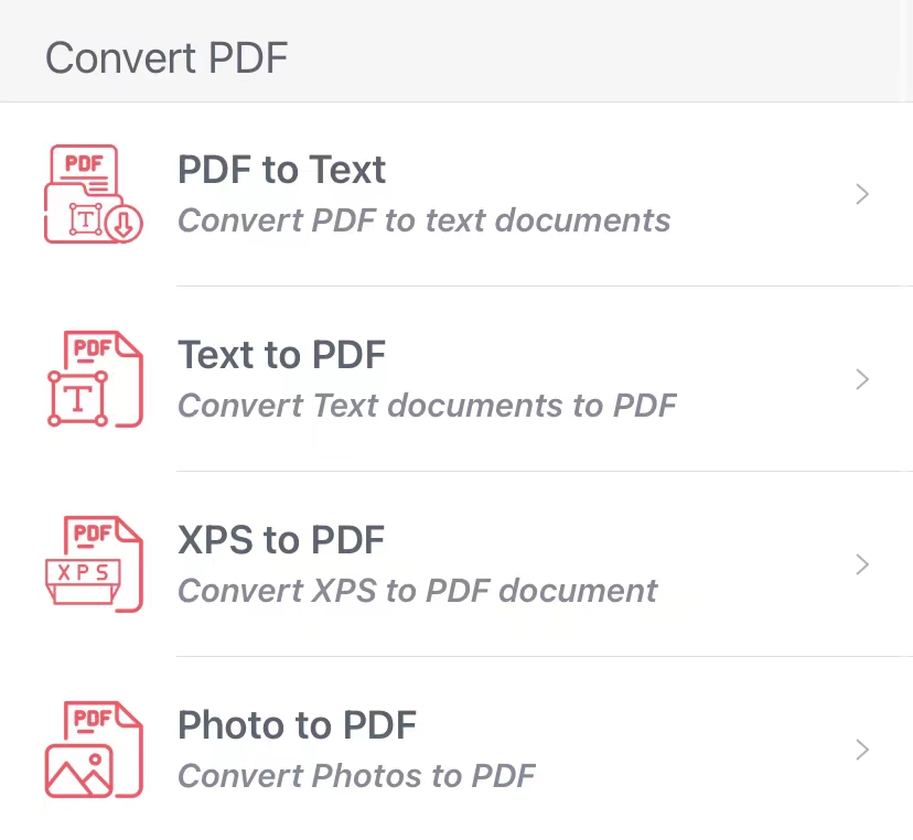 Screenshot of PDF Factory for iOS converting between PDF, text, XPS and images